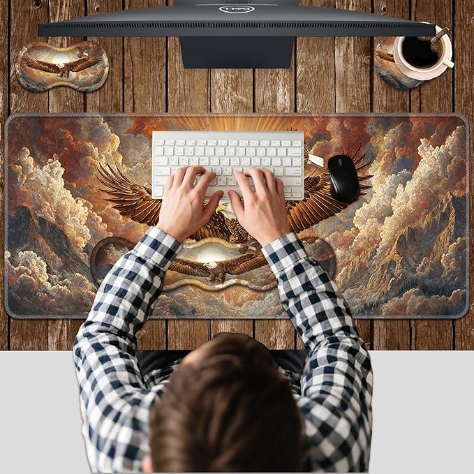 Ergonomic Keyboard Wrist Rest &amp Mouse Pad Wrist Rest SetXL Gaming Desk Mat 31.5x 11.8Non-Slip BaseMemory FoamEasy Typing Pain Relief for Office &amp HomeEagles Soaring at Sunset