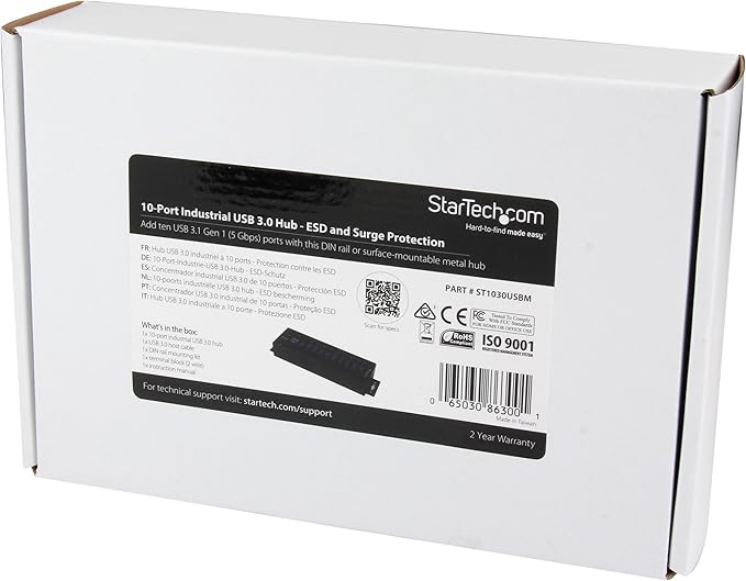 StarTech.com 10-Port USB 3.0 Hub - 5Gbps - Metal Industrial USB-A Hub with ESD &amp Surge Protection - Din Rail Wall or Desk Mountable - TAA Compliant USB Expander Hub (ST1030USBM)