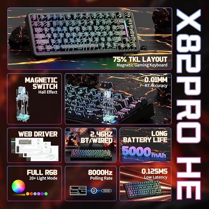 Attack Shark X82PRO HE 75% Wireless Rapid Trigger Gaming Keyboard Hall Effect Magnetic Switch Keyboard with 0.01mm RT Adjustable Actuation 8Khz Polling Rate Hot-Swap RGB for PC Gamer (Black)