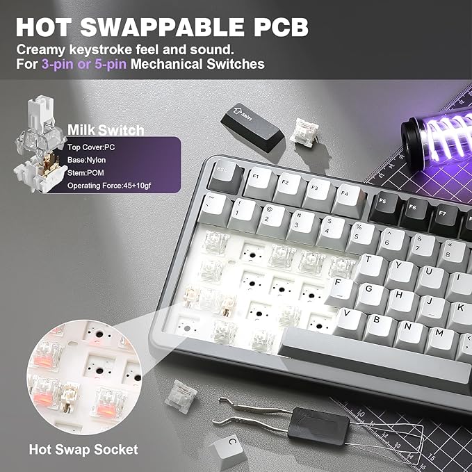 YUNZII B75 PRO Wireless Mechanical Keyboard75% Layout with KnobHot Swap Gasket StructureCreamy Pre-lubed SwitchesRGB BacklitBluetooth/Type-C/2.4G for Win/Mac (Dark Grey Milk Switch)