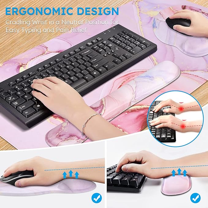 iCasso Desk Mat Gaming Mouse Pad Wrist Support Set4in1 XXL Large Mousepad + Keyboard Wrist Rest+Mouse Wrist Rest+Coaster Set with Ergonomic Design for Home Office Table Computer-Glitter Marble