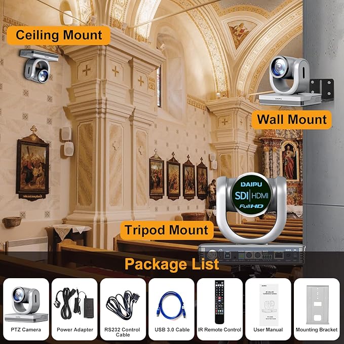 PTZ Camera 30X Optical Zoom 1080P60 HDMI USB3.0 SDI LAN PoE AI Auto Tracking Conference Room Camera 1/2.8 CMOS Sensor 255 Presets for Church Worship Live Streaming Business Video Conference
