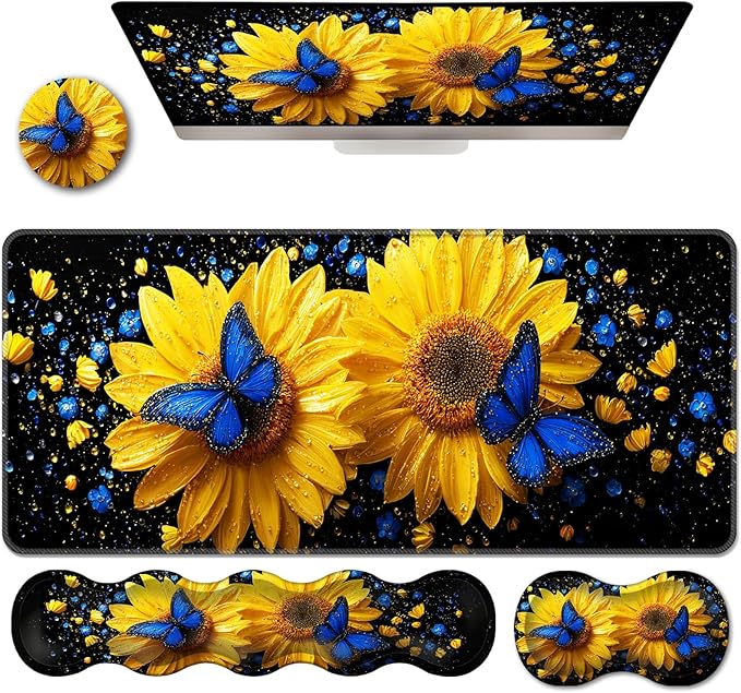 Ergonomic Keyboard Wrist Rest &amp Mouse Pad Wrist Rest SetXL Gaming Desk Mat 31.5x 11.8Non-Slip BaseMemory FoamEasy Typing Pain Relief for Office &amp HomeSunflowers Blue Butterflies