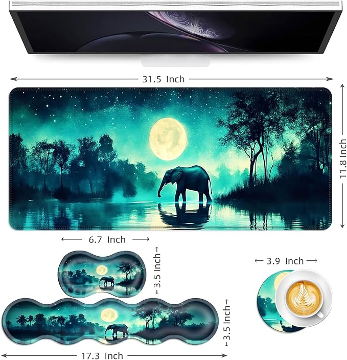 Keyboard Mouse Pad Set Extended Gaming Mouse Pad+Ergonomics Keyboard Wrist Rest Support Memory Foam Easy Typing Pain Relief 4Pcs XL Ultra Thick Desk MatMoonlit Elephant in Water