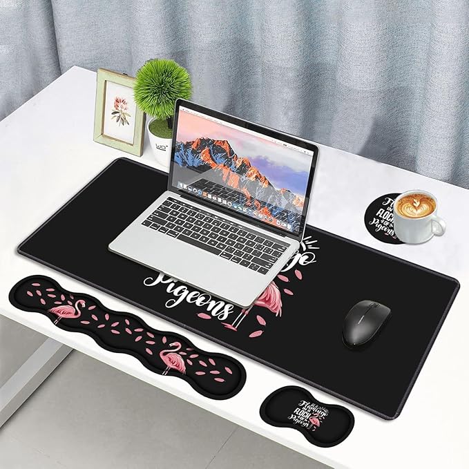 Ergonomic Memory Foam Mouse Pad Wrist Rest Set Be a Flamingo in a Flock Pigeons Inspirational Quote Large Desk Pad + Keyboard Wrist Rest + Mouse Wrist Cushion + Coaster for Home Office Study Gaming