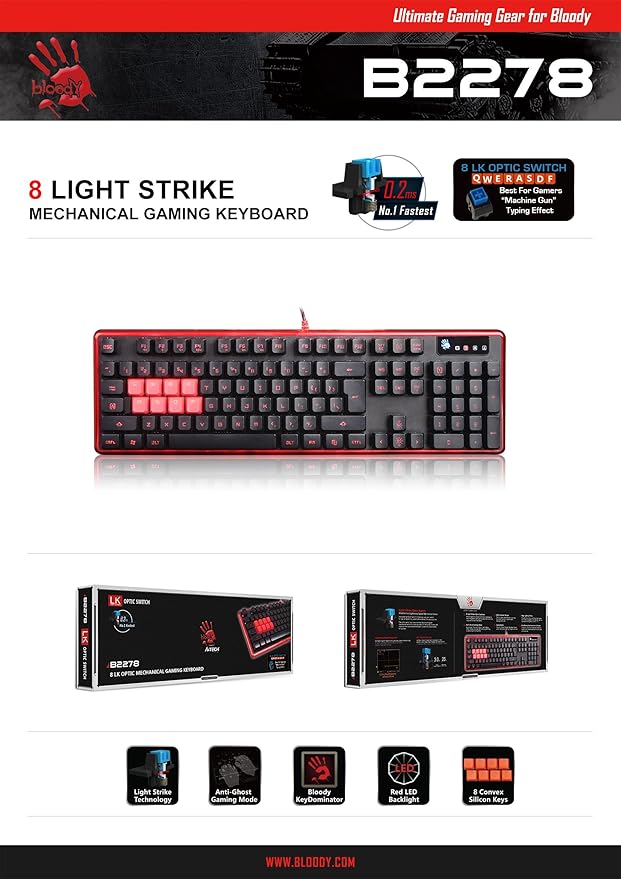 Bloody B2278 8-Key Light Strike (LK) Semi Optical Mechanical Gaming Keyboard – Red LED Backlit – 8 LK Blue Switch