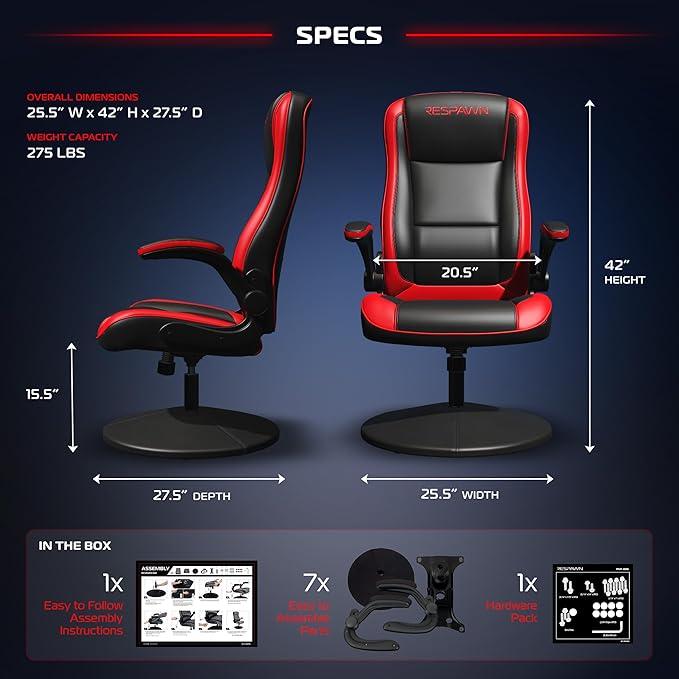 Respawn 800 Swivel Rocker Gaming Chair - Ergonomic Floor Gaming Seat with Lumbar Support Flip Up Armrest High Back Pedestal Base Comfortable No Wheels Console Video Game Rocker Chair - Red