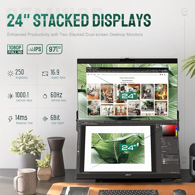 Mobile Pixels Geminos 2 x 24 inch FHD Stacked Computer Monitor with All-inclusive Dual Vertical Monitors 100W USB-C Charging 1080P Webcam&ampSpeakers HDMI/USB-A/USB-C Height Adjustable (2 Monitor