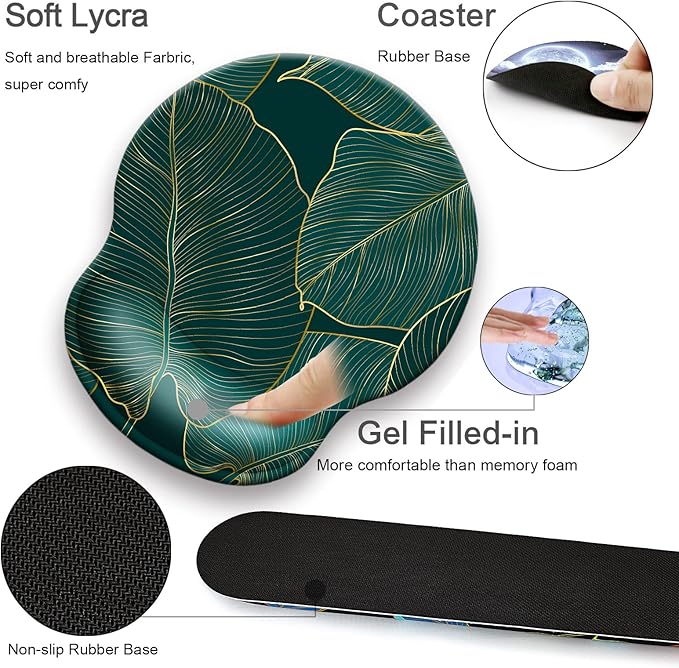 Mouse Pad + Desk Mat + Keyboard Wrist Rest + Coaster 4 in 1 Set Cute Ergonomic Large Gaming Mousepad with Wrist Rest Support Desk Pad for Computer Laptop Office Home Decor-Leaves 2