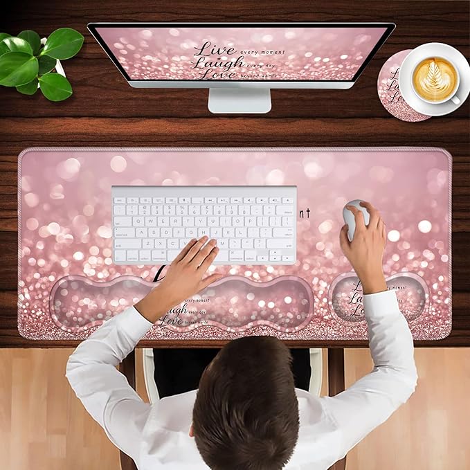 Keyboard Wrist Rest and Mouse Pad with Wrist Support Set Ergonomic CoasterMemory FoamEasy Typing Pain ReliefLarge XL Desk Mat 31.5x 11.8Rose Gold Glitter Quote Live Laugh Love