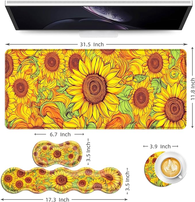 Keyboard Mouse Pad Set Extended Gaming Mouse Pad+Ergonomics Keyboard Wrist Rest Support Memory Foam Easy Typing Pain Relief 4Pcs XL Ultra Thick Desk MatVibrant Sunflower Field