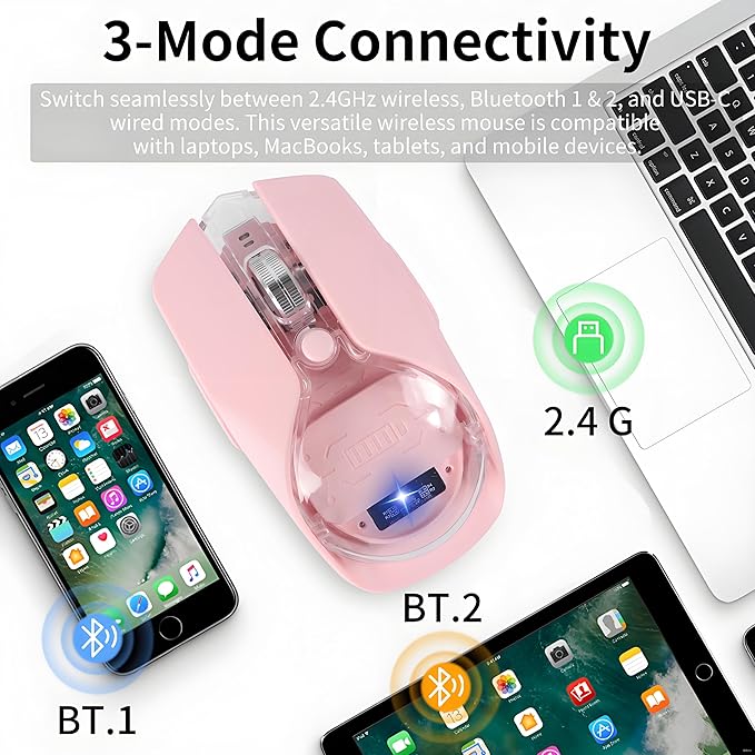 Wireless Mouse-3 Modes: 2.4G Bluetooth &amp USB-C Wired Silent RGB Type-C RechargeableBattery Display Magnetic Shell Ideal for Gaming &amp Office Use Compatible with Laptops &amp MacBooks (