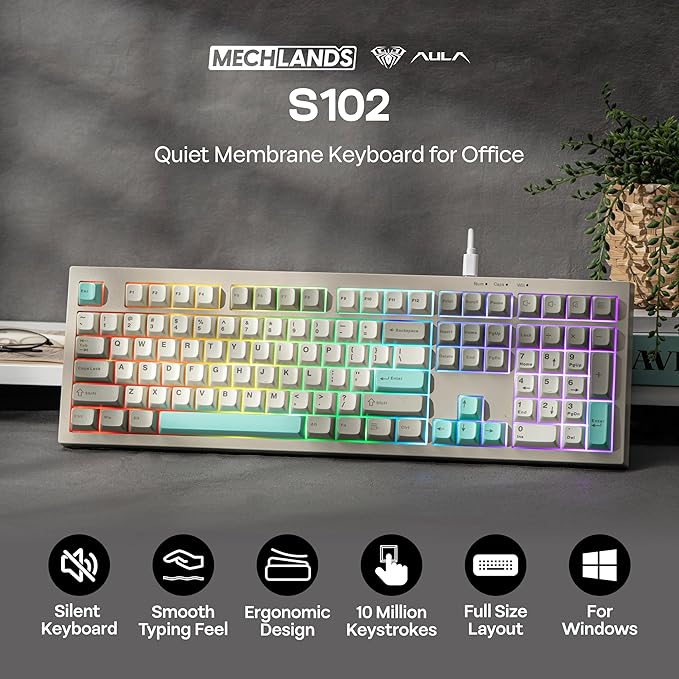 MechLands Aula S102 Membrane Gaming Keyboard with Number Pad 100% Full Size Layout USB-C Wired RGB Backlit Creamy Silicone Structure Silent Keyboard for PC Game/Office (Grey)