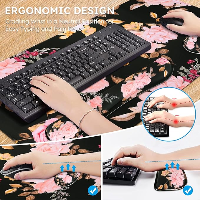 iCasso Keyboard Mouse Pad SetExtended Gaming Mouse Pad + Keyboard Wrist Rest Support Memory Foam Easy Typing Pain Relief 3Pcs (35.4×15.7 in) Large Ergonomic XXL Thick Mousepad Desk Mat