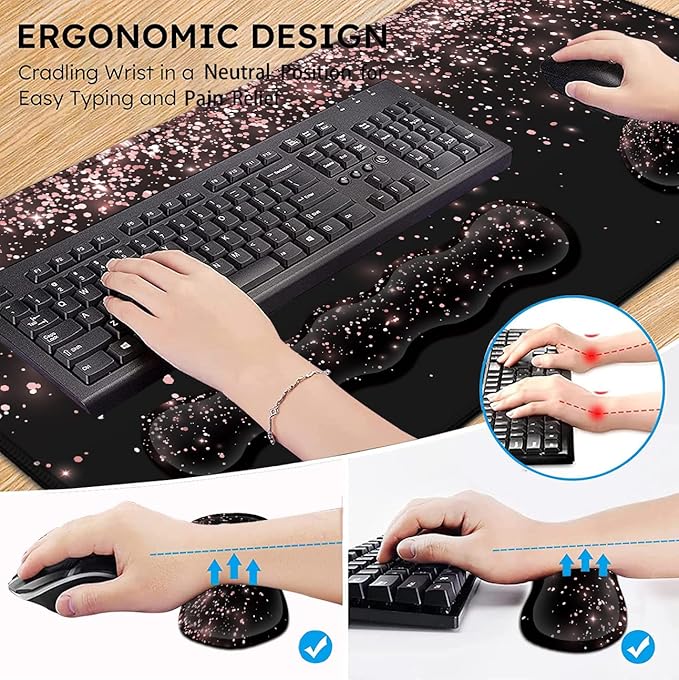 Large Gaming Mouse Pad (31.5x11.8 in) Rubber Base XXL Mousepad with Stitched Edges Ergonomic Keyboard Wrist Rest Extended Mouse Mat Desk Pad for Work Game Office Rose Gold Glitter Black Mousepad