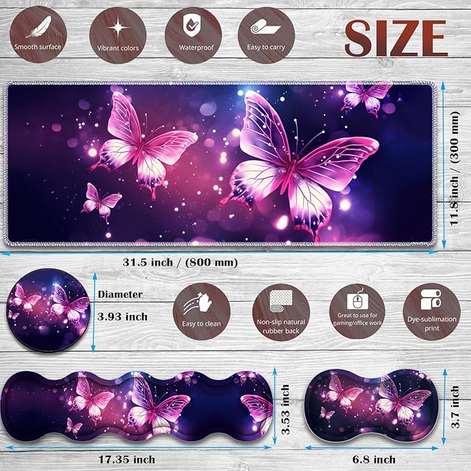 Gaming Mouse Pad Set Large Gaming Mouse Pad+Keyboard Wrist Rest+Mouse Wrist Rest+Coaster Easy Typing Pain Relief 31.5 × 11.8 inch Desk Mat for Home Office - Pink Purple Butterfly