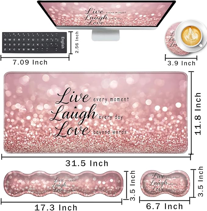 Keyboard Wrist Rest and Mouse Pad with Wrist Support Set Ergonomic CoasterMemory FoamEasy Typing Pain ReliefLarge XL Desk Mat 31.5x 11.8Rose Gold Glitter Quote Live Laugh Love