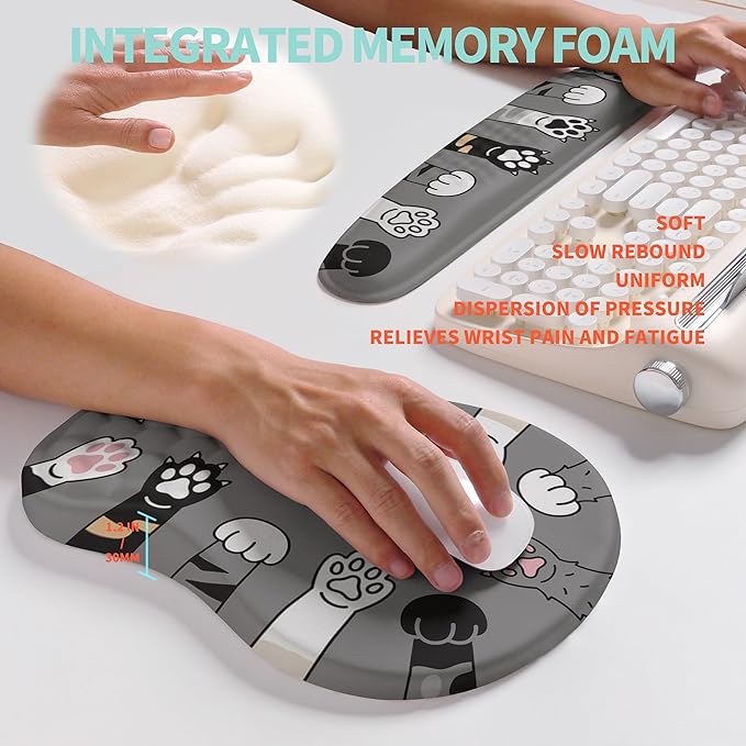2-in-1 Ergonomic Set Wave Rise Keyboard Wrist Rest and Massage Bulge Slope Mouse Pad Wrist Support Cushion Memory Foam Integrated to Relieve Wrist Pain Cute Cat Paws