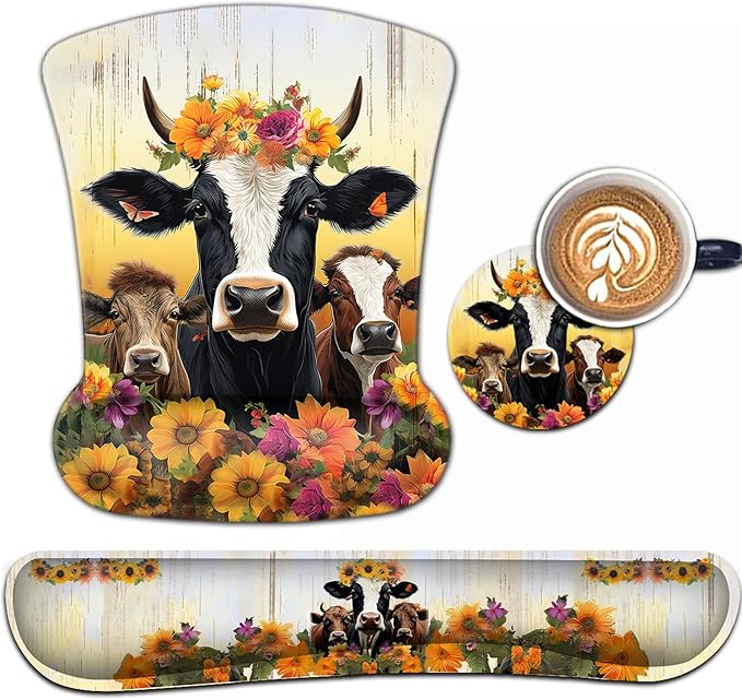 Keyboard Wrist Rest and Mouse Pad Wrist Support Set Ergonomic Gel Mouse Pad Wrist Rest with Non-Slip Base for Home Office Desk Pad Easy TypingSunflowers Cute Farmhouse Cow Pattern Gaming Mouse Mat