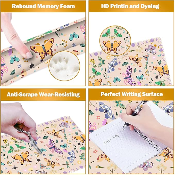 ARTSO Desk Mat Set Apricot Extended Gaming Mouse Pad with Wrist Rest Support +Keyboard Wrist Rest +Coaster Large Cute Butterfly Mousepad Easy Typing and Pain Relief
