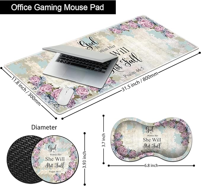 3-in-1 Large Mouse Pad Gaming Set (31.5 x 11.8 inch)+ Wrist Rest Pad + Coaster Memory Foam Gel Wrist Rest Pad for Pain Relief Stitched Edges Non-Slip Table Mat Psalm 46:5 Floral