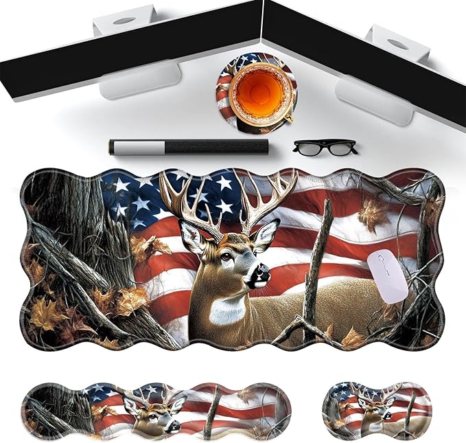 Large Gaming Mouse Pad Keyboard Wrist Rest Pad &amp Wrist Support Mousepad Set Stitched Edge Extended Non-Slip Base Memory Foam Desk Mat for Office HomeDeer Tree Forest American Flag