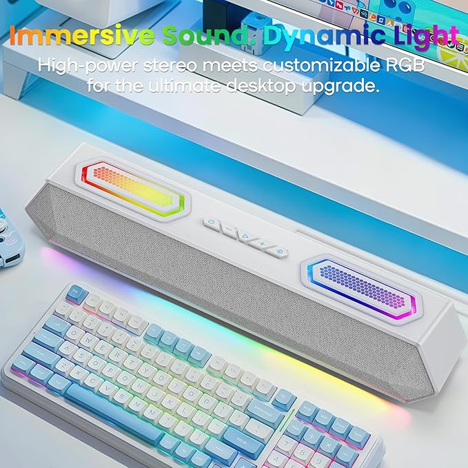 Deeyaple Computer Speakers 40W PC Speakers for Desktop Monitor with Bluetooth 5.3 &amp USB Audio HiFi Stereo Gaming Soundbar with Custom EQ Software Dynamic RGB Lighting for Laptop PS4 PS5 Whit