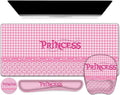 Mouse Pad with Wrist Support 4 in1 Set XXL Big Game Mousepad + Keyboard Wrist Rest + Mouse Wrist Rest Pad +Coaster Gaming Mat for Home Office Work Computer Laptop I Pink Checkered Princess Girl