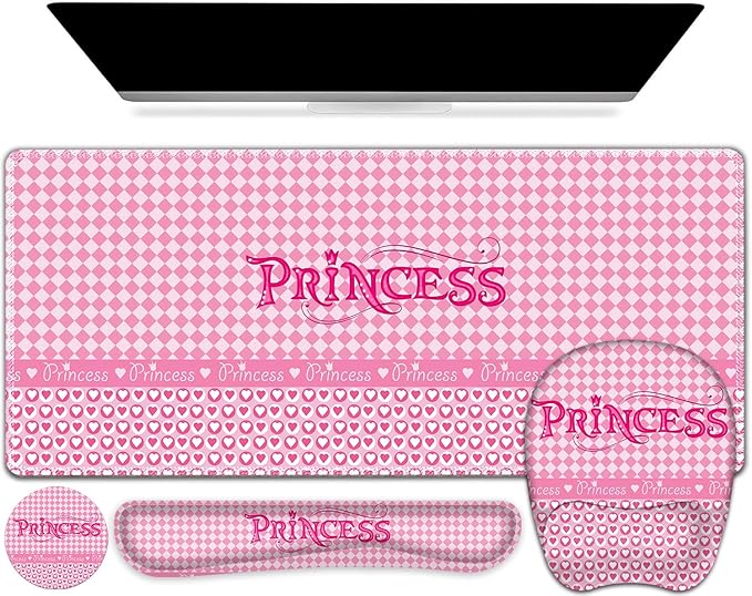 Mouse Pad with Wrist Support 4 in1 Set XXL Big Game Mousepad + Keyboard Wrist Rest + Mouse Wrist Rest Pad +Coaster Gaming Mat for Home Office Work Computer Laptop I Pink Checkered Princess Girl