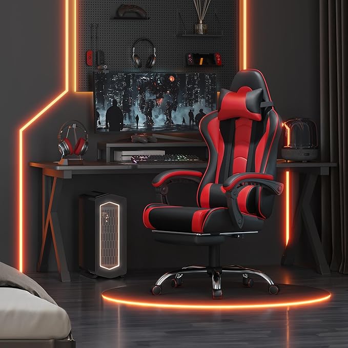 Yaheetech Gaming Chair Video Game Chair with Massage Lumbar Support and Footrest Height Adjustable Ergonomic Computer Chair with Swivel Seat and Headrest Black/Red