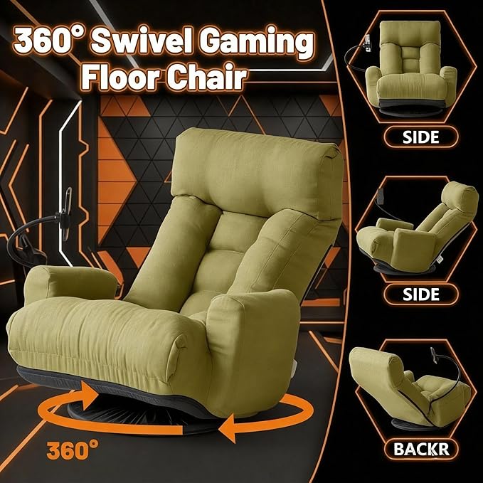 Gaming Chair Floor Sofa Gaming Lounge Chair with 14-Section Head &amp 3-Section Waist Adjustment 360° Swivel &amp Spring Seat for Gaming Napping Reading Dorm Small Apartment (Green)