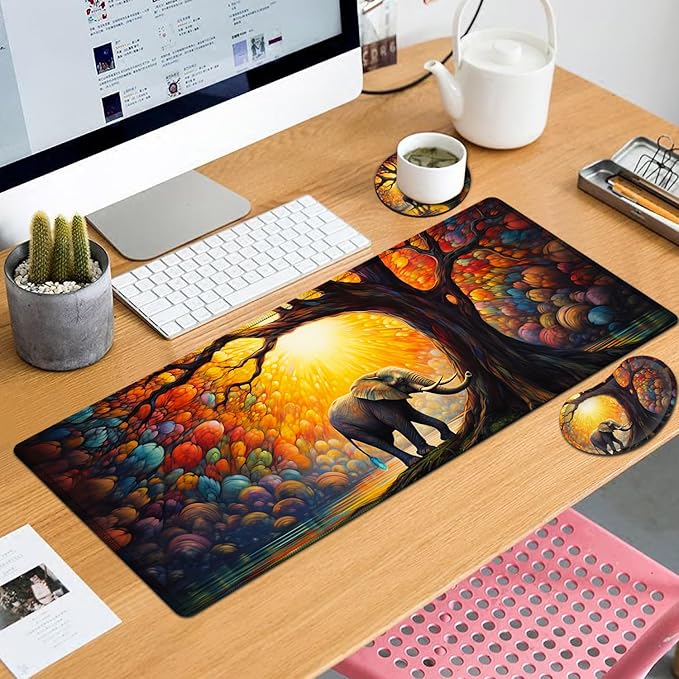 Large Mouse Pad with Mouse Wrist Rest 31.5x11.8 in Extended Mouse Mat Ergonomic Memory Foam Wrist Rest for Work &amp Gaming Writing Pad Colorful Tree of Life and Elephant Office Desk Pad
