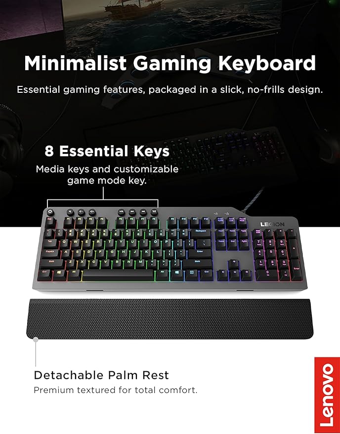 Lenovo GY40T26478 Legion K500 RGB Mechanical Gaming Keyboard 3 ZONE Full-size Keyboard 7 user Programmable Hot Keys 16.8 Million Colors 50 Million-Click Red Mechanical Keys Detachable Palm Rest