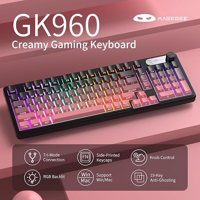MageGee GK960 Wireless Gaming Keyboard RGB Tri-Mode Wired/BT/2.4G Creamy Keyboard with Number Pad 4000mAh Battery Knob Control Side Printed Keycaps 19-Key Anti-Ghosting for Win/Mac (Black &amp P