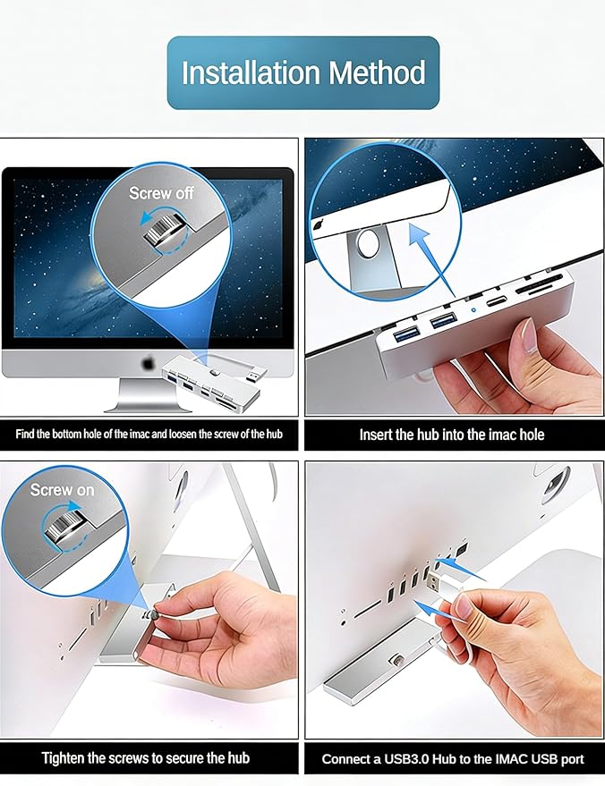 USB 3.0 Hub for iMac (2012-2019) 21.5/27 inch Aluminum Front Port Expander with 3 USB-A Ports and SD/TF Card Reader - Slim Plug and Play Adapter for iMac 5K iMac Pro (Not for M1/M3)