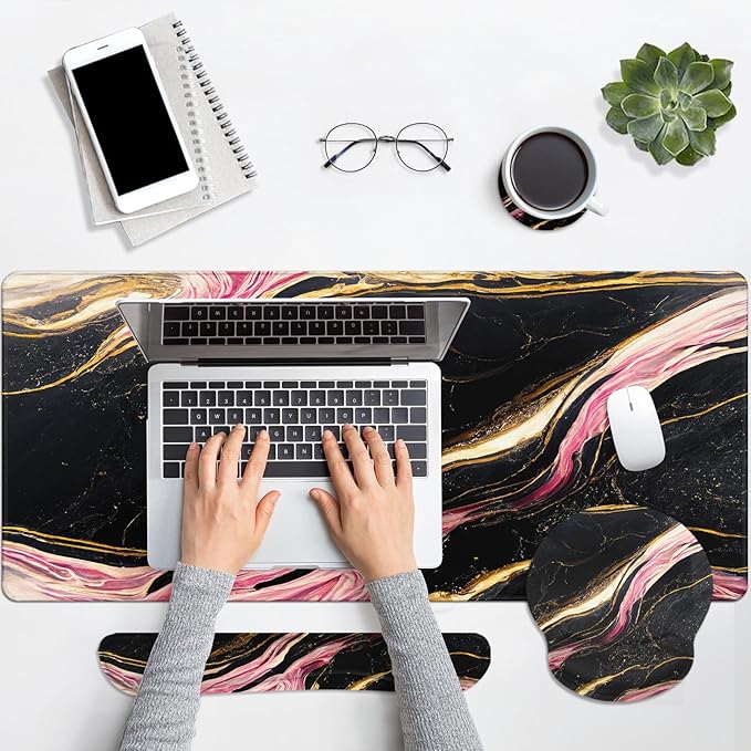 Britimes Pink Black Gold Marble Keyboard Mouse Pad Set 4in1 Large Mousepad+Keyboard Wrist Rest+Mouse Wrist Rest+Coaster Ergonomic Design for Home Office Computer 35.4x15.7 inches