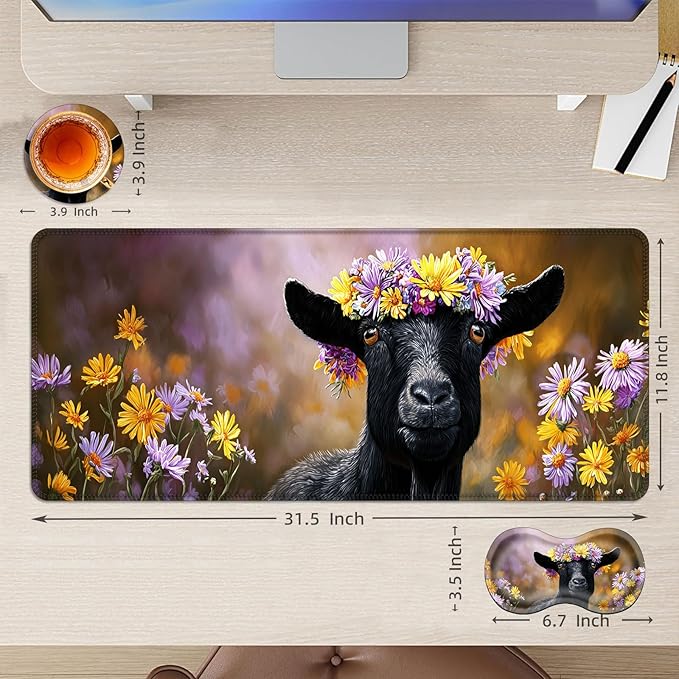 XL Extended Mouse Pad 31.5×11.8″ | Large Waterproof Desk Mat + Mouse Wrist Support | Ergonomic Gaming &amp Office Computer MousepadFloral Crown Black Goat