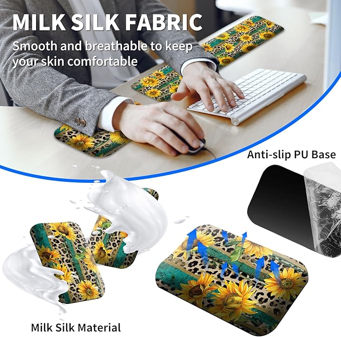 Keyboard Wrist Rest and Mouse Pad Set Keyboard Wrist Support + Small Mouse Pad + Elbow Arm Rest Pad + Coaster Ergonomic Memory Foam Wrist Rest for Computer Keyboard Leopard Sunflower