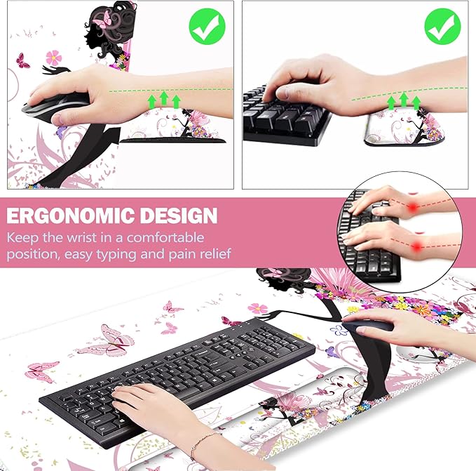 ARTSO Extended Gaming Mouse Pad Set Keyboard Wrist Rest Support Pad + Wrist Cushion + XXL Large Mouse Pad + Coaster Stitched Edge Non-Slip Memory Foam Desk Mat Pink Butterfly Girl