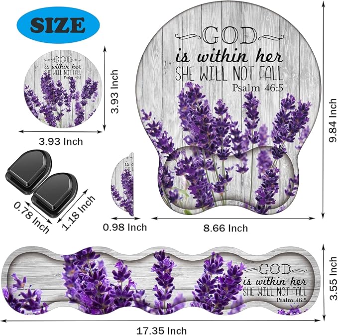 Keyboard Wrist Rest Support and Wrist Rest Mouse Pad with Non-Slip PU Base with Coaster Hook Gel Memory Mouse Pad Combo for Gaming Office Pain Relief - Psalm 46:5 Purple Lavender