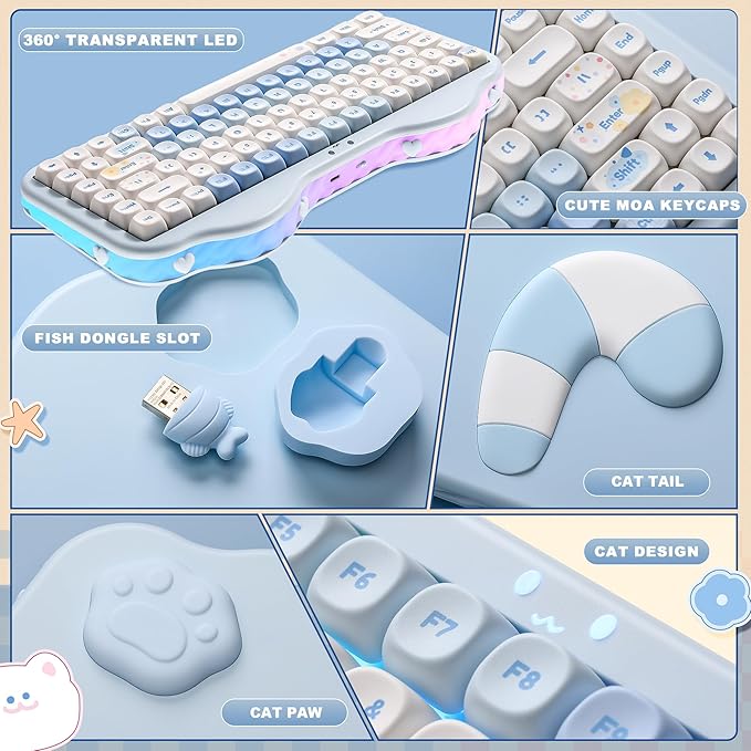 YUNZII C75 Wireless Mechanical Keyboard75% Layout Hot-Swappable NKROBT5.0/2.4G/USB-C ModeDye-Sub PBT MOA KeycapsRGB Gasket MountCute Cake Design for Mac/Win/Gaming (Blue Candy Switch)