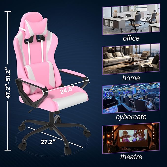 Ergonomic PU Leather Computer ChairHome Office Desk Chair with Adjustable Lumbar SupportExecutive High Back 360°Swivel Rolling Gaming Chairs for Adults(Pink)