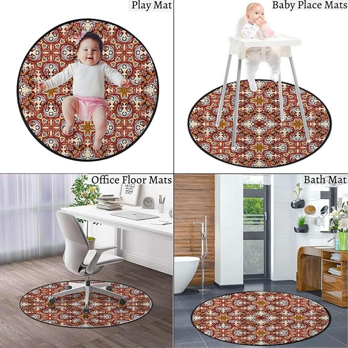 Multicolor Gaming Chair Mat Round Floor Mats for Office Chair Computer Gaming Desk Mat for Rolling Chair Non-Slip Gaming Rug Floral Middle Eastern Bouquet Print Diameter 35.4 in