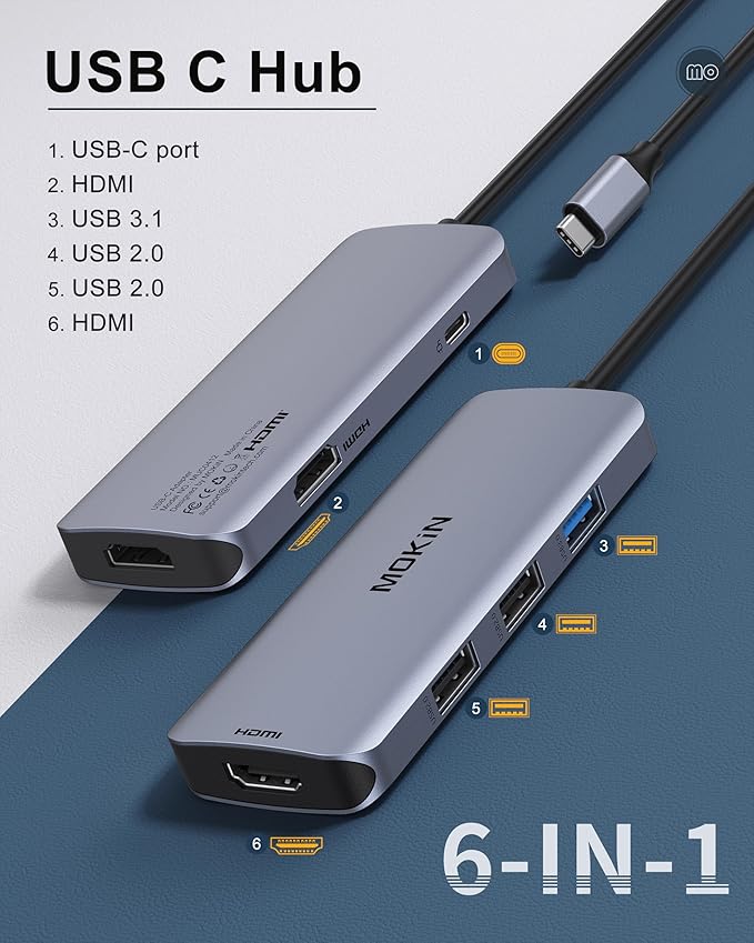 Docking Station USB C to Dual HDMI Adapter MOKiN USB C Hub Dual HDMI Monitors for WindowsUSB C Adapter with Dual HDMI3 USB PortPD Compatible for Dell XPS 13/15 Lenovo Yogaetc