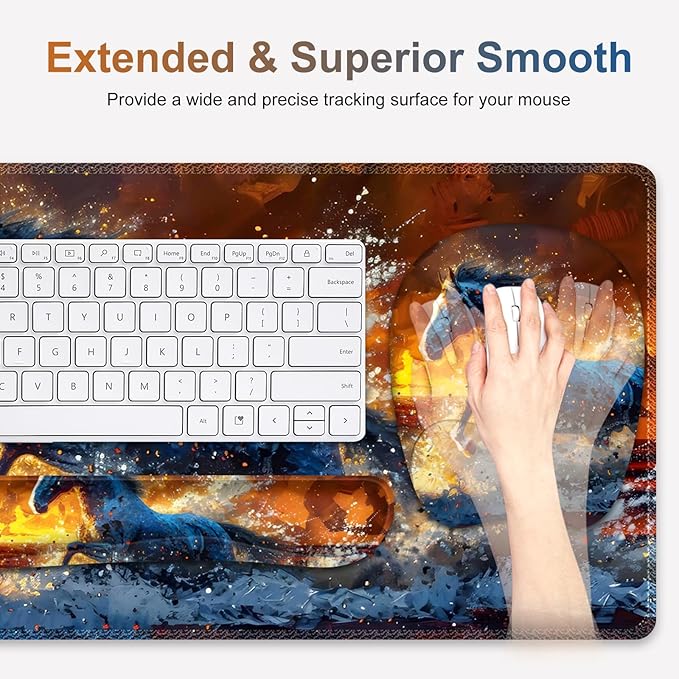 Large Mouse Pad Keyboard Wrist Rest Set Ergonomic Mouse Pad with Wrist Support Desk Mat with Stitched Edges + Coaster Extended Desk Pad Waterproof Desk Mat for Home Office Game I Running Horse