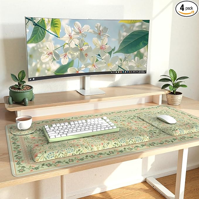 iLeadon Mouse Pad with Wrist Rest Non-Slip Desk Mat for Keyboard and Mouse Mouse Pad Sets for Women Desk Wrist Pads for Keyboard Floral Mat for Home Office (Light Green)