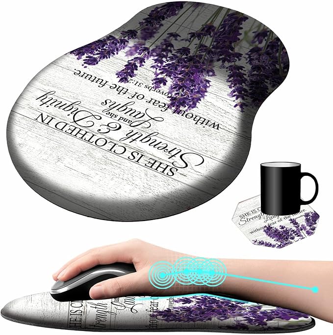 Mouse Pad with Wrist Support Gel Purple Lavender Pattern Design Ergonomic Gaming Mousepad with Wrist Rest for Laptop Computer Home Office Working Mouse Mat + A Cute Coffee Pad