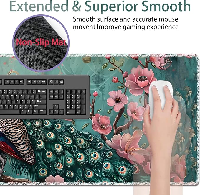 Large Gaming Mouse Pad + Keyboard Wrist Rest + Wrist Support + Coaster Set Memory Foam Ergonomic for Easy Typing XXL Extended Gaming Mouse Pad Table Pad - Peacock