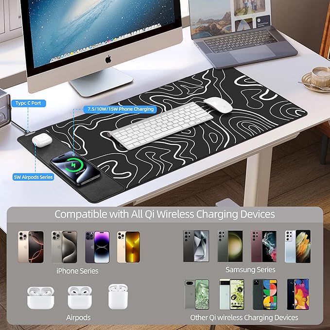 Mouse Pad with Wireless Charging Gaming Mouse Pad with Ultra-Smooth Surface Large XXL Desk Mat Non-Slip Mouse Mat Waterproof Computer Keyboard Pad for Gaming Desk Office PC 800x400x4MM Black