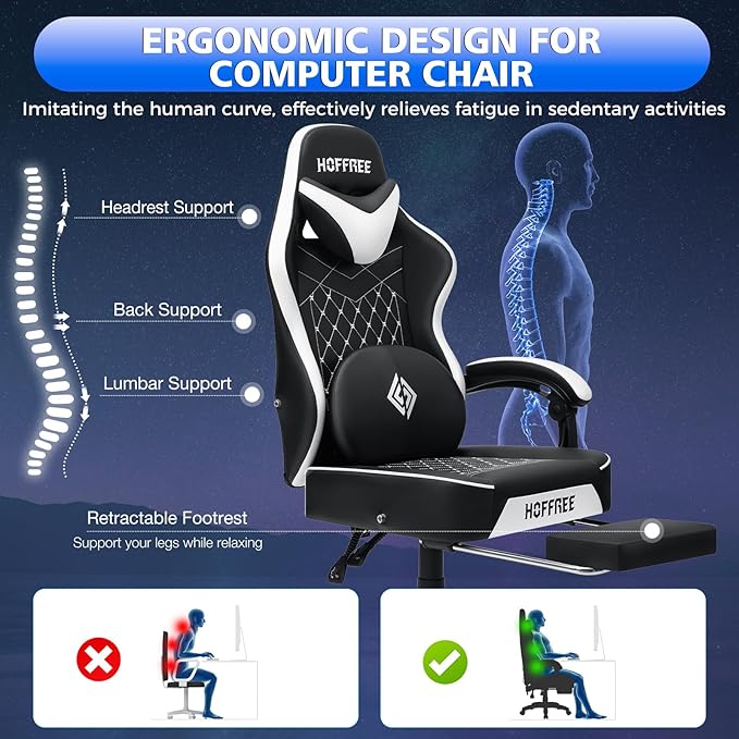 HOFFREE Gaming Chair Computer Chair with Speakers Massage Game Chairs with Footrest Bluetooth High Back Ergonomic Computer Gaming Chairs for Adults Reclining Video Gamer Chair White and Black